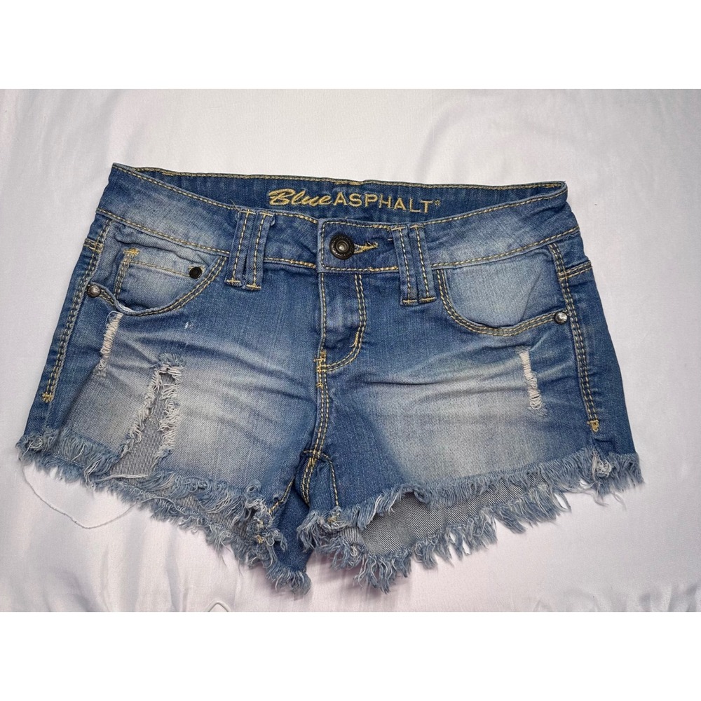 Blue Asphalt Distressed Denim Shorts Medium Wash Frayed Hem Low Rise Size 3